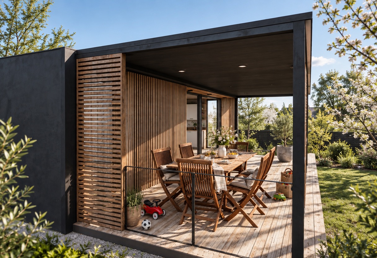 The render: the same deck, now with planting, a real sky and dressed for use